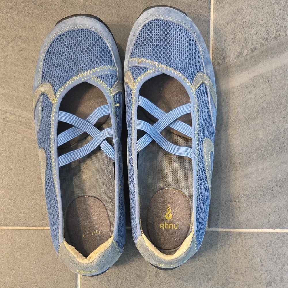 Ahnu Blue Mesh Mary Jane-Style Walking Flats with Cross Straps